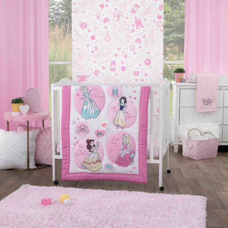 Disney Princess Dare to Dream 3 Piece Nursery Mini Crib Bedding Set - Comforter and Two Fitted Mini Crib Sheets, 1 of 6