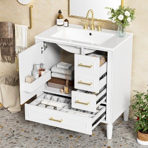 KTMBDW Bathroom Vanity with Ceramic Sink, Bathroom Vanity Cabinet with Door with 4 Drawers, 30 Inches Wooden Cabinet - 1 of 4