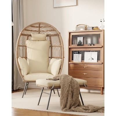 Indoor& Outdoor Oversized Wicker Egg Chair with Ottoman, Waterproof UV Resistant Patio Lounge Chair with Beige Cushions