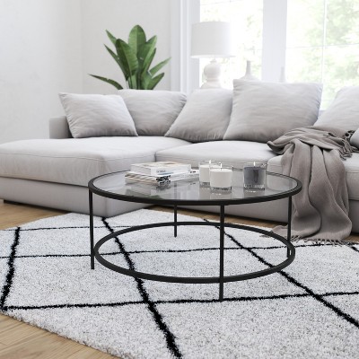 38" Round Glass Coffee Table with Matte Black Metal Base