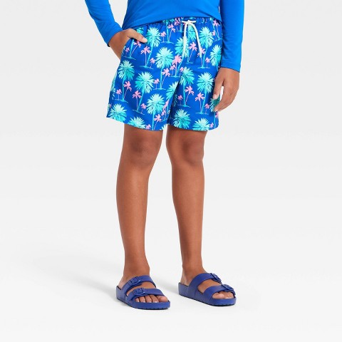 Cat & Jack Boys' Palm Tree Printed Swim Trunk - Cat & Jack™ Blue/Pink M