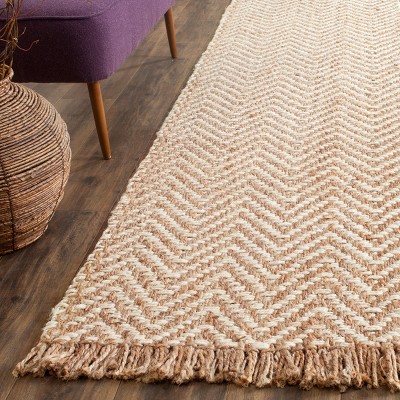 Ivory and Natural Braided Wool Chevron Runner Rug