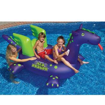 Swimline 89" Water Sports Inflatable Sea Dragon Swimming Pool Ride-On 2-Person Float Toy - Purple/Green