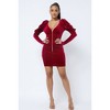 Slickblue Soft Velvet Pleated Puff Sleeve Mini Dress, Low V-Neck with Gold Zippers & Back Tie, Black/Nude/Red, Size S-L - 3 of 4