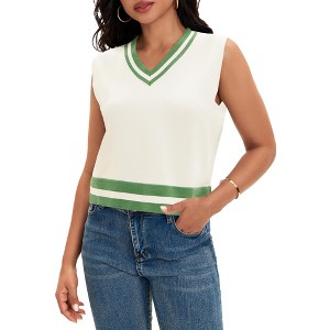ATHLECHIC Women's Summer Knit Color Block Sleeveless V Neck Loose Fit Preppy Trendy Tank Tops - 1 of 4