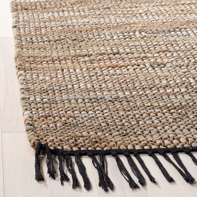 Beige Handwoven Leather and Cotton Area Rug with Fringe, 5' x 8'