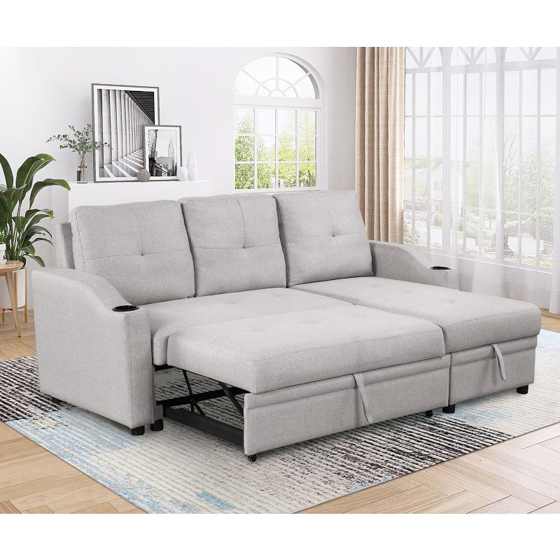 80.3" Modern Pull Out Convertible Sleeper Sofa Bed, Upholstered 3 Seater Couch with Storage Chaise and Cup Holder-ModernLuxe, 1 of 14