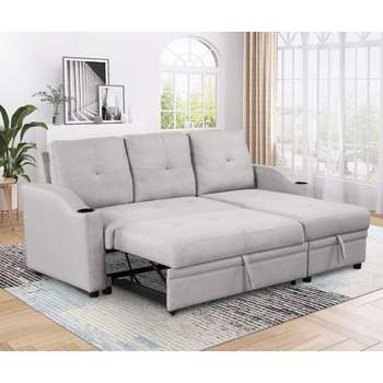 80.3" Modern Pull Out Convertible Sleeper Sofa Bed, Upholstered 3 Seater Couch with Storage Chaise and Cup Holder-ModernLuxe
