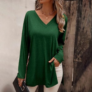 Coolmee Women's Fall Long Sleeve Shirts Basic Apparel Shirts Trendy V Neck Tshirt for Women Curved Hem Tops - 1 of 4