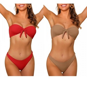INSPIRE CHIC Women's Bandeau Ribbed Bowknot Strapless with Bottoms Swimwear Bikini 2 Set - 1 of 4