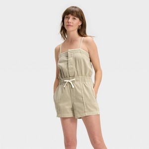 Women's Denim Beach Romper - Universal Thread™ Khaki Green - 1 of 4
