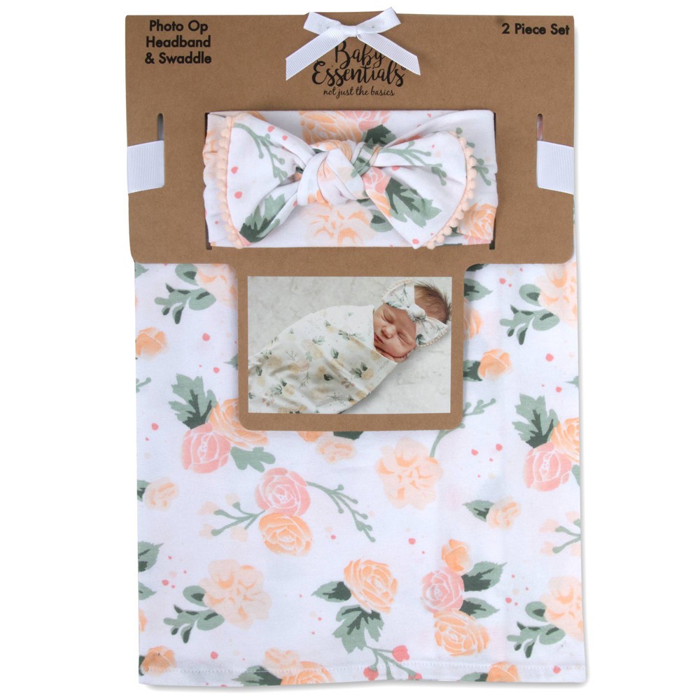 Photos - Children's Bed Linen Baby Essentials Rose Floral Swaddle Blanket and Headband - White/Rose Flor