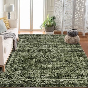Short Pile Washable Area Rug - Boho Vintage Living Room & Bedroom Rug, Non-Slip, Machine Washable - 1 of 4