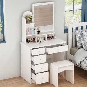 FUFU&GAGA Makeup Vanity Set with Mirror and Stool Drawer and Shelf - 1 of 4