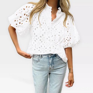 Women's Summer Tops Dressy Casual Short Lantern Sleeve V Neck Buttons Hollow Out Lace Embroidered Blouses Shirts - 1 of 4