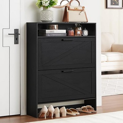 Gericco Shoe Storage Cabinet with 2 Flip Drawers,Farmhouse Narrow Shoe Organizer with Legs,Freestanding Hidden Slim Shoe Rack Cabinet