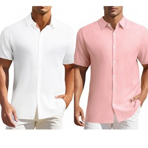 INSPIRE CHIC Men's Summer Point Collar Short Sleeves Button Down Linen Shirts 2 Packs - 1 of 4