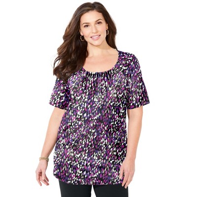 Catherines Women's Plus Size Jeweled Neck Pintuck Top