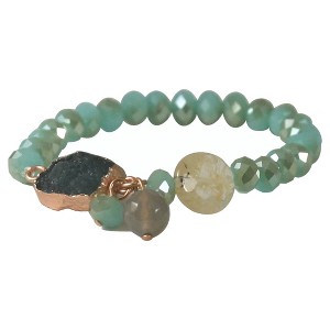 Zirconite Semi-Precious Roundel Beads Stretch Bracelet with Genuine Druzy Stone - Aqua, Women