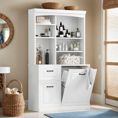 Bathroom Storage Cabinet with Tilt-Out Hamper, 70.9'' Tall Free Standing Organizer with Drawers & Adjustable Shelves - Leovsnove