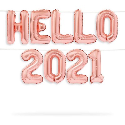  Sparkle and Bash 11 Piece Hello 2021 Rose Gold Foil Letter Balloons for New Year's Eve Party Decorations, 16" 
