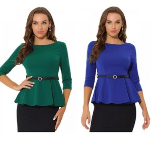 INSPIRE CHIC Women's 3/4 Sleeve Belted Elegant Business Work Peplum Top 2 Packs - 1 of 4
