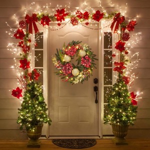 24 Inch Christmas Wreath for Front Door, Pre-Lit Xmas Wreath with Gold Ball Ornaments, Red Flowers & Berries, Artificial Christmas Wreath - 1 of 4