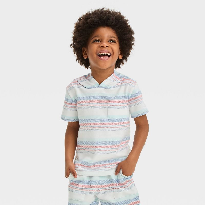 Toddler Boys&#39; Short Sleeve Hooded Striped Knit Set - Cat &#38; Jack&#8482; White, 4 of 6