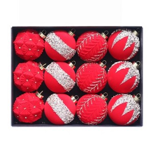 12ct Christmas Balls Ornaments Decor Set, Flock Painted Xmas Balls Hanging Tree Ornaments for Christmas Tree Wreath Garland, Red White, 3.15in/8cm - 1 of 1