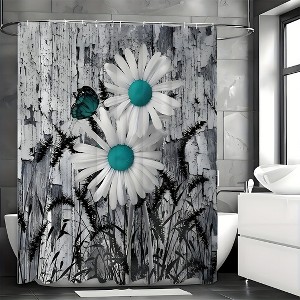 1pc Teal Daisy Shower Curtain - Water-Repellent and Leak-Resistant, Mold and for a Healthier Bathroom Environment - 1 of 4