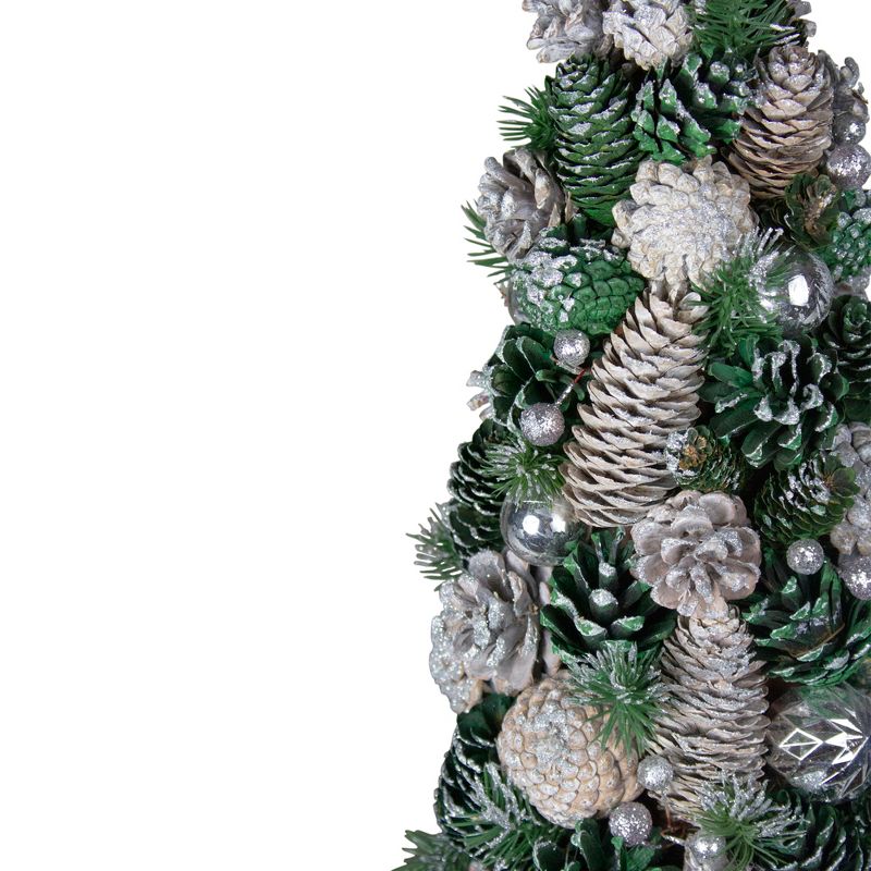 Northlight 18" Green and Silver Pinecone With Ornaments Table Top Cone Christmas Tree Embellished in Glitter, 3 of 4