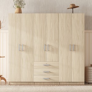 Vynxaria 6-Door Wooden Wardrobe with 2 Drawers Inside - Chic Brown & Natural Storage for Bedroom Essentials - 1 of 4