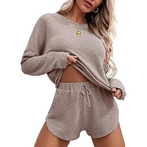 Ekouaer Womens Waffle Knit Pajama Sets Long Sleeve Top and Shorts Matching Lounge Set Loungewear Sweatsuit with Pockets - 1 of 4