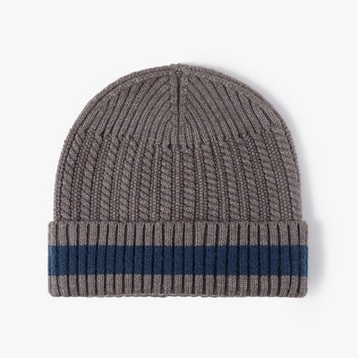 Anna-Kaci Unisex Rib Knit Beanie with Folded Cuff and Contrast Stripe Detail