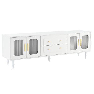 PDTEND Retro Design TV Stand with Fluted Glass Doors, 2 Drawers and Cabinets for TVs Up to 78'', White