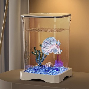 Mini Desktop Rectangular Fish Tank, Aquarium Starter Kit,With Top Feeding Hole & Built-in Bottom Light Tabletop Decoration For Betta Fish - 1 of 4