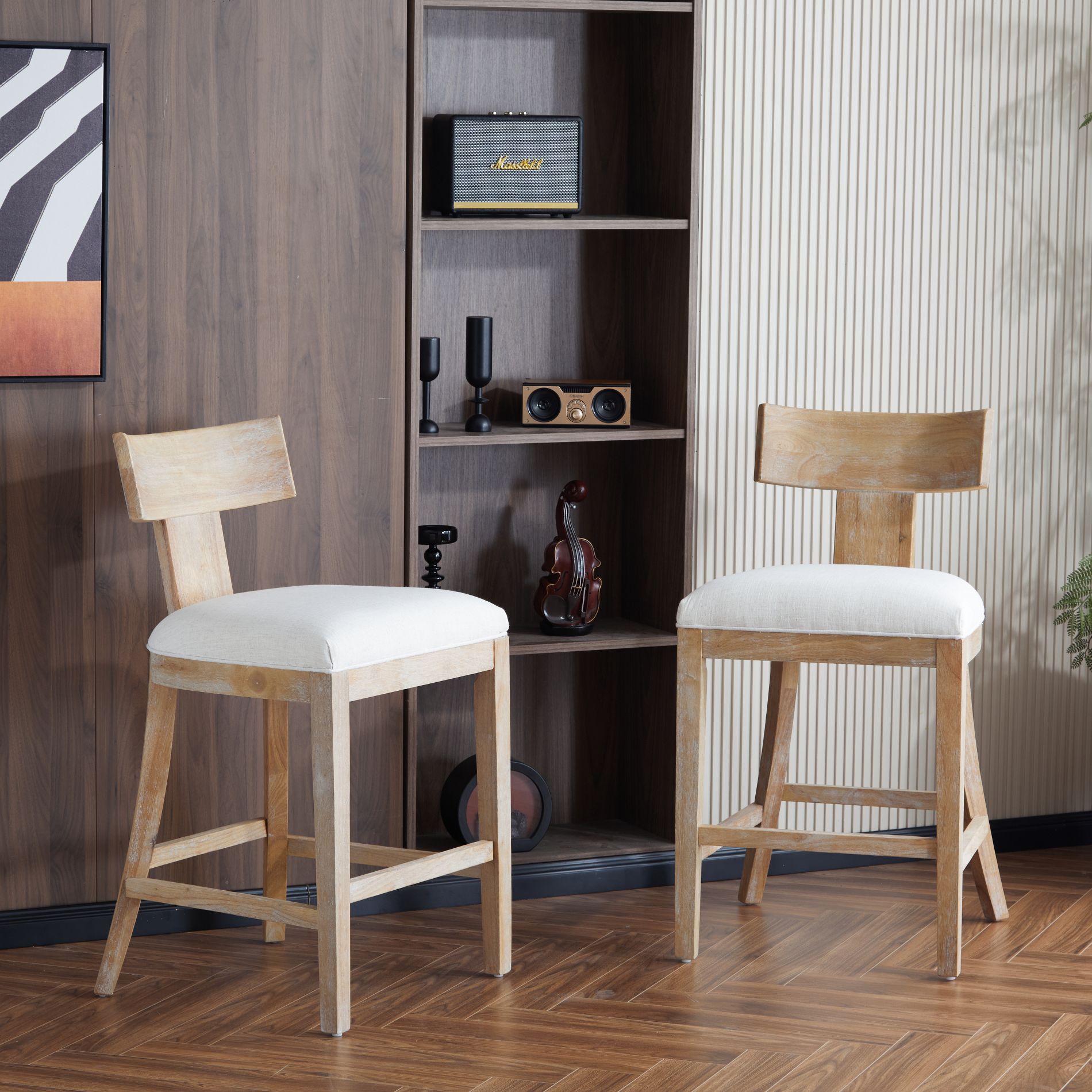 38"H Counter Stools Set of 2, Upholstered Accent Stool Chairs with Backrest, Footrest, Beige -ModernLuxe