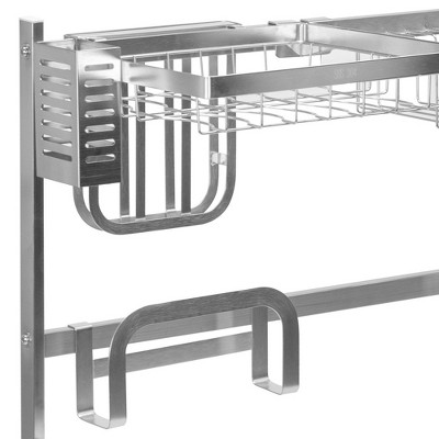 Silver Steel Over-The-Sink Dish Drying Rack with Utensil Cup