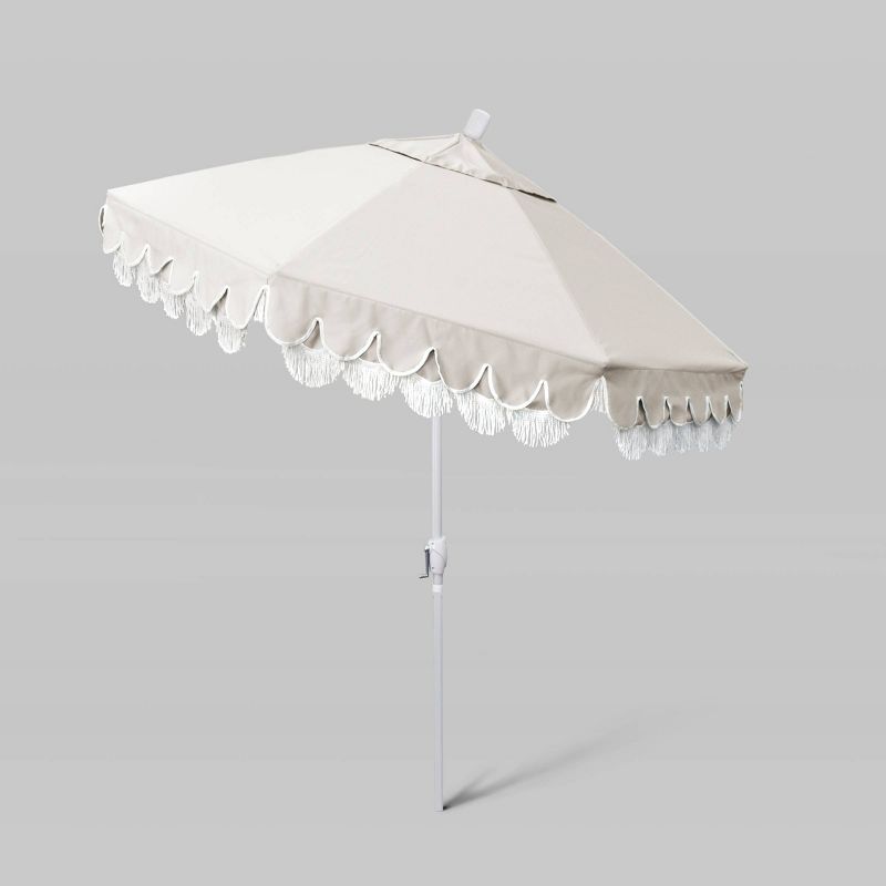 7.5' Sunbrella Scallop Base Fringe Market Patio Umbrella with Crank Lift - White Pole - California Umbrella, 3 of 5