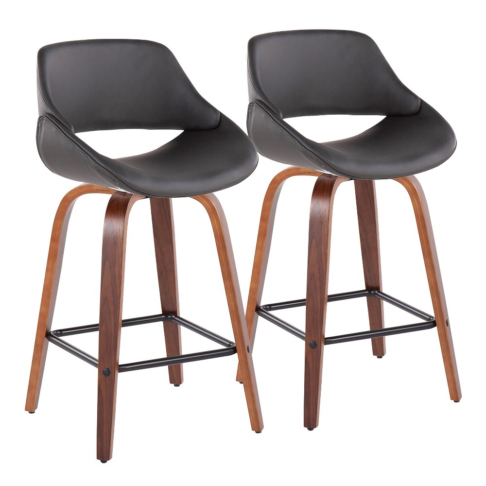 Photos - Chair Set of 2 Fabrico Square PU Leather/Wood Counter Height Barstools Walnut/Gr