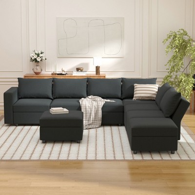 Ainfox 6-Seat Sofa And 2 Ottoman Sofa Dark Grey