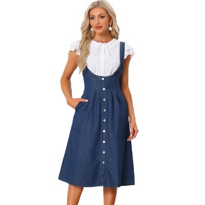 INSPIRE CHIC Women's Button Front Classic U Neck Overall Denim Midi Dress with Pockets - 1 of 4
