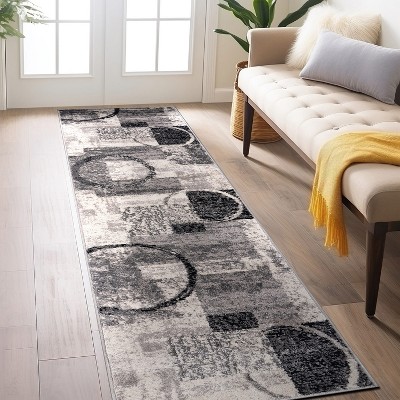 Cream and Gray Abstract Synthetic Runner Rug 2'x7'