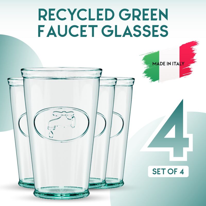 Amici Home Italian Recycled Green Water Tap Hiball Glass, Drinking Glassware with Green Tint, Embossed Water Faucet Icon, Set of 4,16-Ounce, 2 of 9