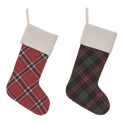Transpac Fabric Plaid Stocking Set of 2 Christmas Home Decorations