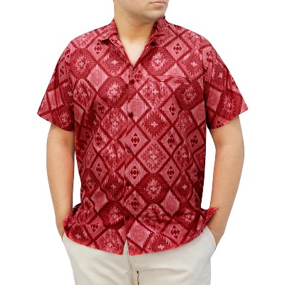 LA LEELA Men's Button Down Summer Beaches Holiday Aloha Tops Vacation Front Pocket Cruise Short Sleeve Dress Shirts for Men L Repeating Diamonds, Red