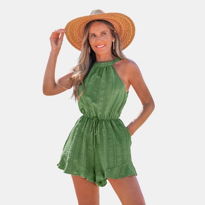 Women's Chic Halter Neck Textured Romper in Olive Green - Cupshe