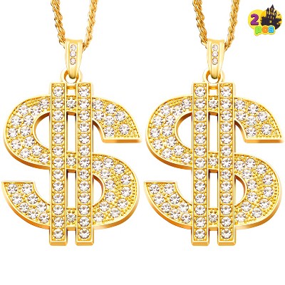 Joyfy 2 pcs Dollar Gold Pendant Chains Necklaces, Hip Hop Money Dollar Sign Chain Necklace Jewelry Halloween Accessory for Men Women Dress Up Party