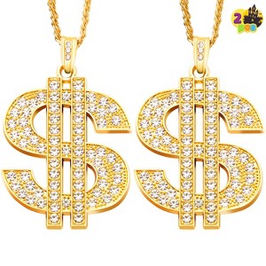 Joyfy 2 pcs Dollar Gold Pendant Chains Necklaces, Hip Hop Money Dollar Sign Chain Necklace Jewelry Halloween Accessory for Men Women Dress Up Party - 1 of 4
