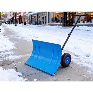 Snow Shovel with Wheels for Driveway, 20" Wide Adjustable Snow Pusher with 5-Position Angle & Height Handle, Snow Removal Tool for Sidewalks, Blue - 1 of 4